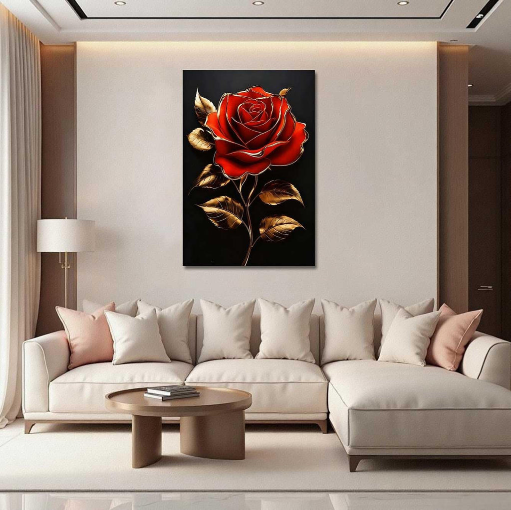 LZIMU Rose Canvas Wall Art Black and Gold Floral Picture Rose Flower Golden Leaf Painting Abstract Poster Print Elegant Modern Artwork Bathroom Bedroom Office Decor (Red, (42L x 28W))