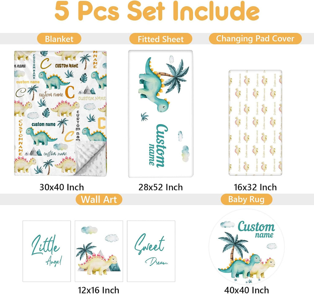 Terwex Personalized Baby Crib Set, 5 Pcs Baby Boy Crib Bedding Set, Custom Name Dinosaur Baby Crib Bedding Set Neutral, Double Layer Flannel Nursery Bedding Set, Customized Gifts for Toddler Infant