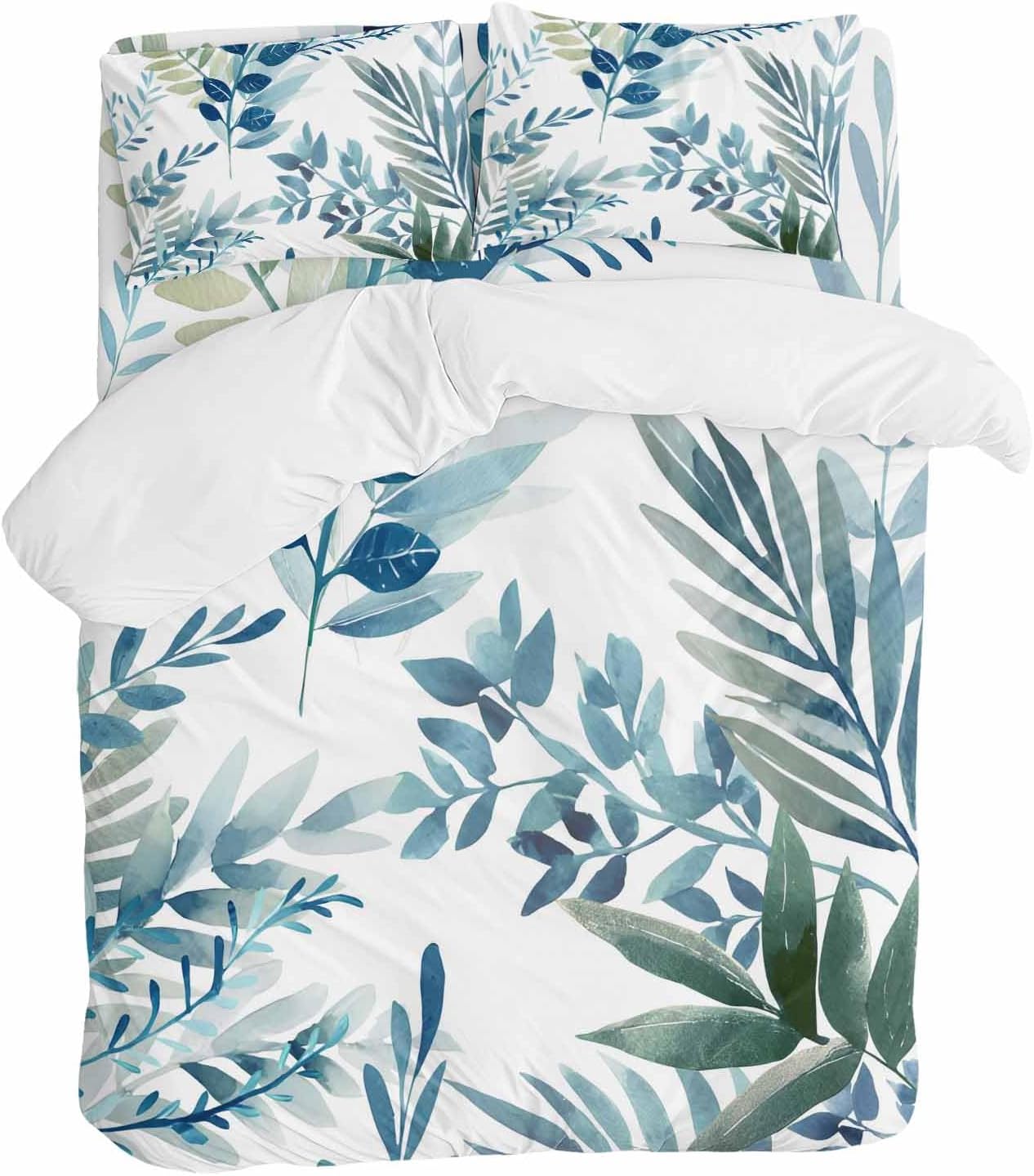Spring Leaves Duvet Cover Set Queen Size 4 Pieces Watercolor Blue Green Leaf Plant Branch Bedding Set with Zipper Closure, 1 Comforter Cover 90x92 Inches 1 Flat Sheet & 2 Pillow Cases