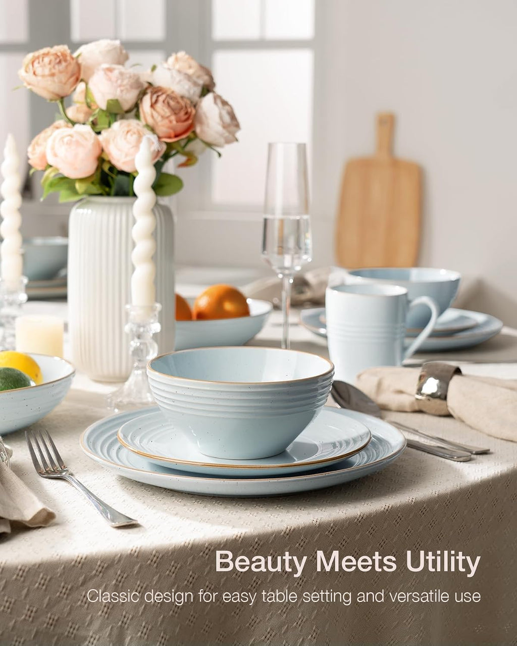 Famiware Jupiter 24-Piece Stoneware Dinnerware Set, Handcrafted Plates and Bowls with Speckles & Embossed Swirls, Chip/Scratch Resistant, Microwave/Dishwasher Safe, Rustic Dishes, Service for 8, Blue