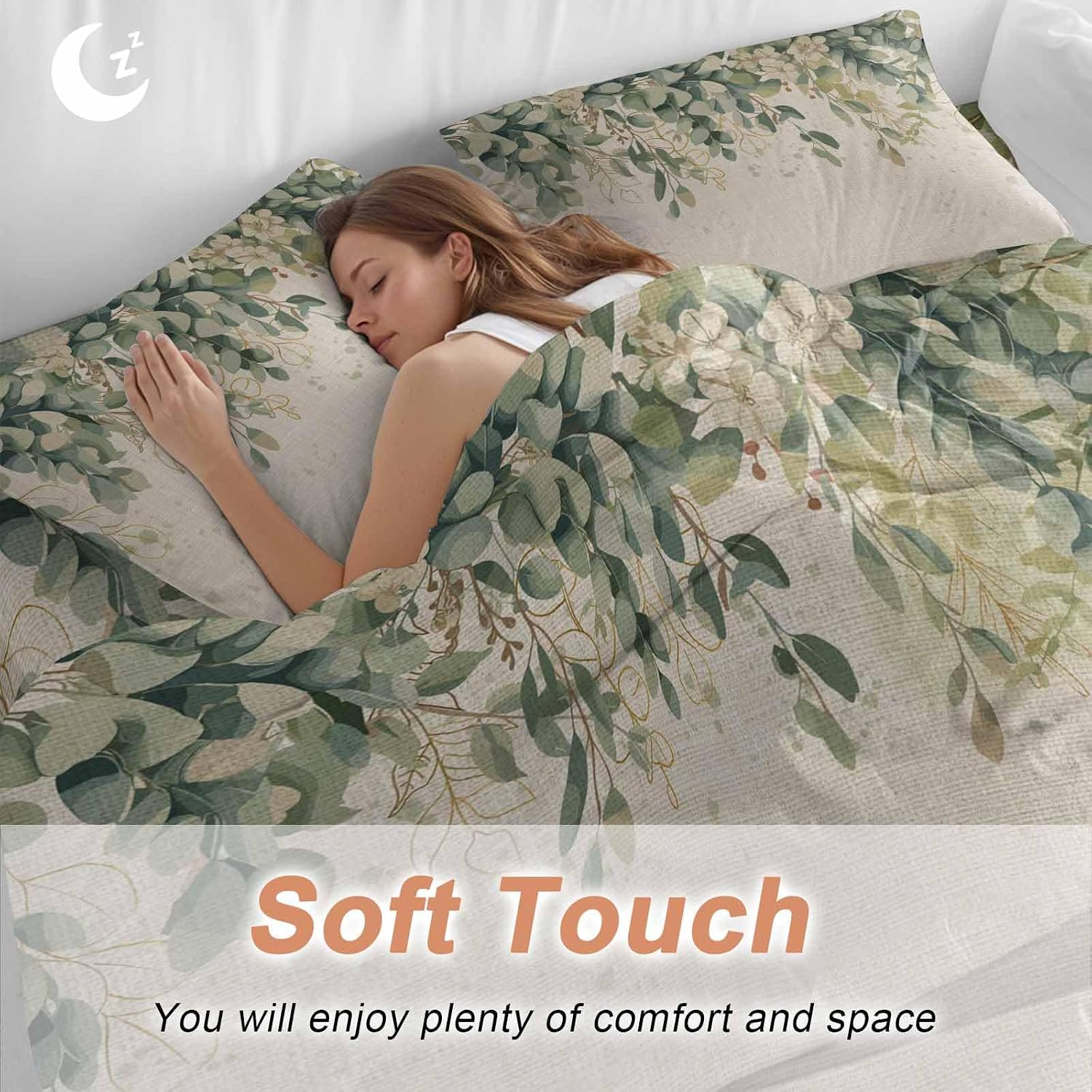 Prime Leader Green Eucalyptus Leaves Duvet Cover Set Queen Size 4 Pieces Flower Vintage Linen Texture Bedding Set with Zipper Closure, 1 Comforter Cover 92x106 Inches 1 Flat Sheet & 2 Pillow Cases