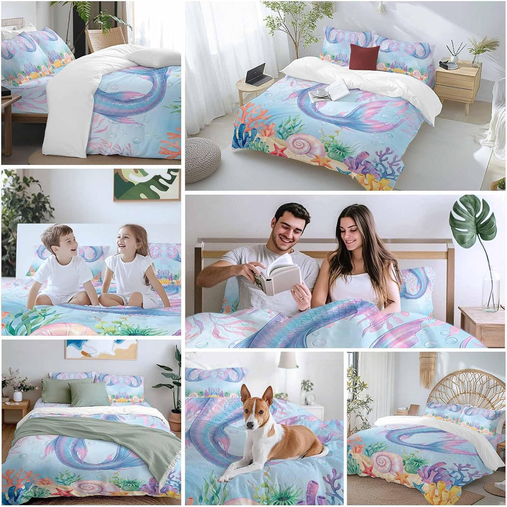 Ocean Marine Life Duvet Cover Set Queen Size 4 Pieces Watercolor Fish Tails Starfish Sea Nut Seagrass Bedding Set with Zipper Closure, 1 Comforter Cover 86x86 Inches 1 Flat Sheet & 2 Pillow Cases