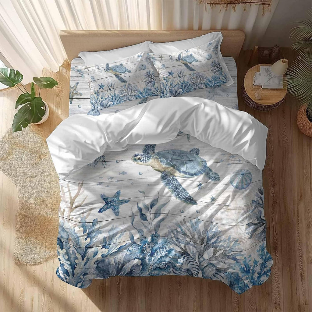 Marine Life Duvet Cover Set Queen Size 4 Pieces Ocean Turtle Coral Starfish Seashell Coastal Wood Grain Bedding Set with Zipper Closure, 1 Comforter Cover 90x92 Inches 1 Flat Sheet & 2 Pillow Cases