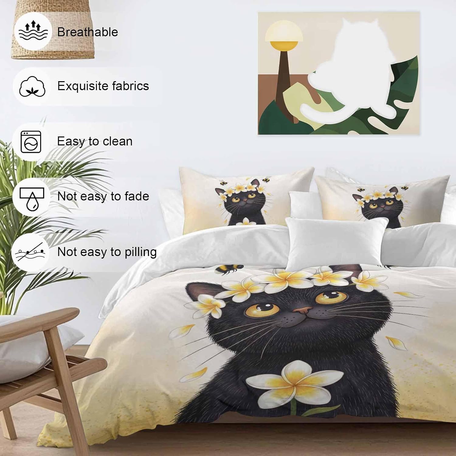 Prime Leader Cute Black Cat Duvet Cover Set Queen Size 4 Pieces Yellow Flower Bee Country Style Fields Bedding Set with Zipper Closure, 1 Comforter Cover 86x86 Inches 1 Flat Sheet & 2 Pillow Cases
