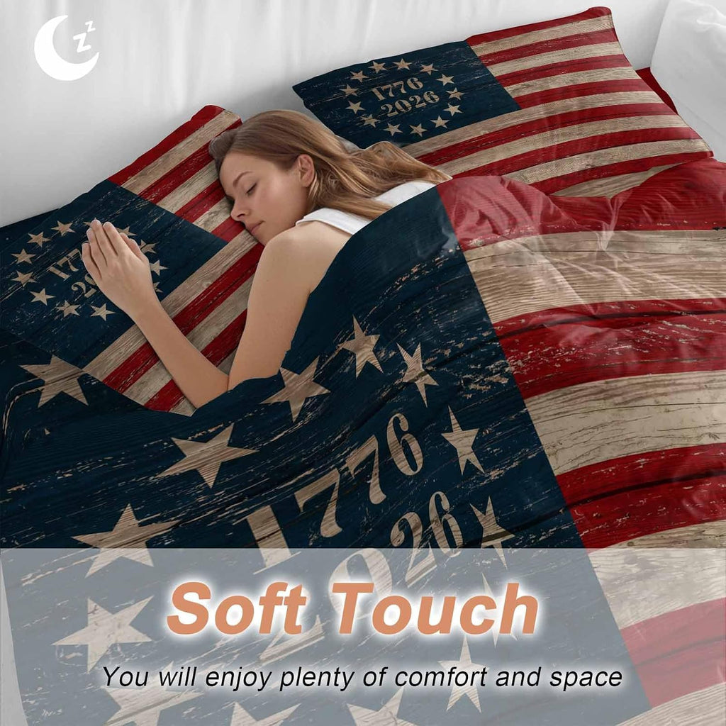 Independence Day Duvet Cover Set Queen Size 4 Pieces Retro American Flag Patriotic Red Blue Stripe Star Bedding Set with Zipper Closure, 1 Comforter Cover 86x86 Inches 1 Flat Sheet & 2 Pillow Cases
