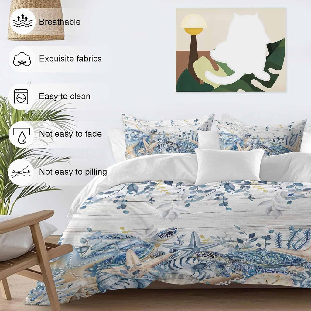 Prime Leader Ocean Turtle Duvet Cover Set Queen Size 4 Pieces Retro Sea Stars Shells Blue Leaf Wood Grain Bedding Set with Zipper Closure, 1 Comforter Cover 90x92 Inches 1 Flat Sheet & 2 Pillow Cases