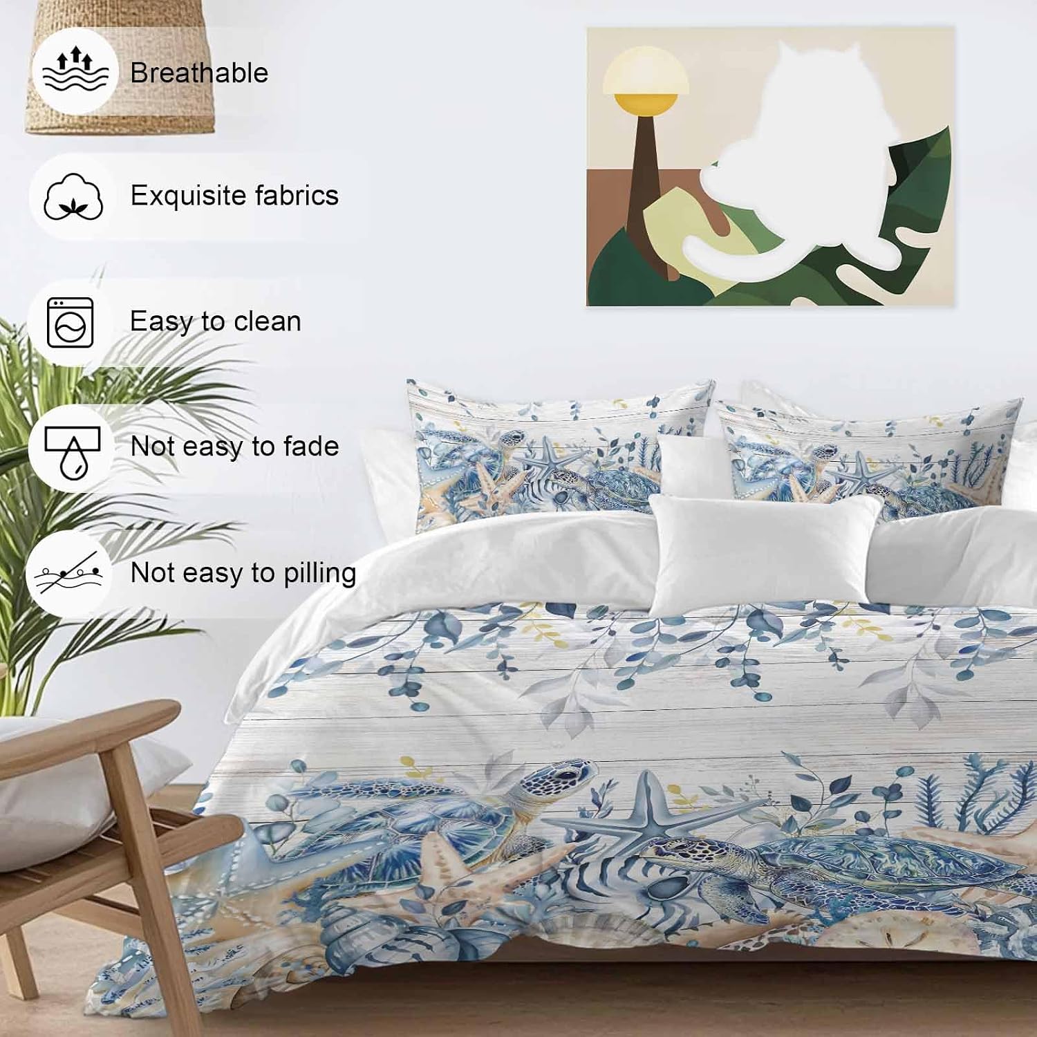 Prime Leader Ocean Turtle Duvet Cover Set Queen Size 4 Pieces Retro Sea Stars Shells Blue Leaf Wood Grain Bedding Set with Zipper Closure, 1 Comforter Cover 90x92 Inches 1 Flat Sheet & 2 Pillow Cases
