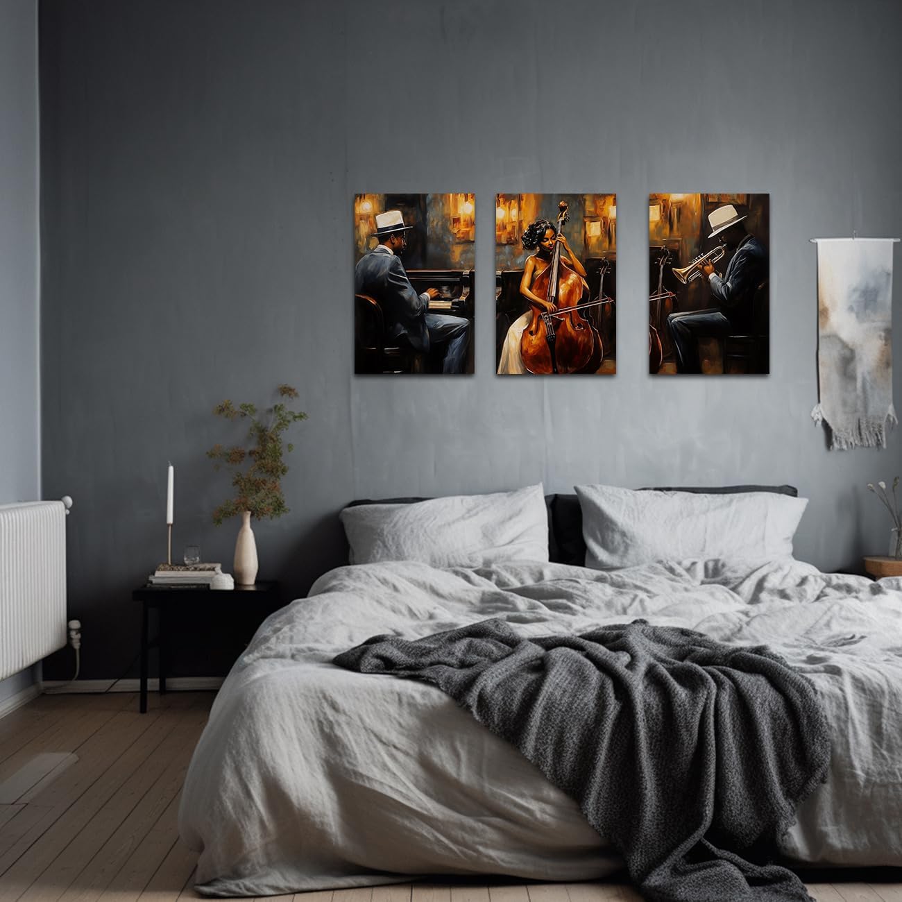 LZIMU Jazz Wall Art Abstract Black Music Picture African American Music Canvas Prints Vintage Jazz Band Painting for Musical Club Classroom Decor Framed (Brown, 24.00' x 36.00' x 3PCS)