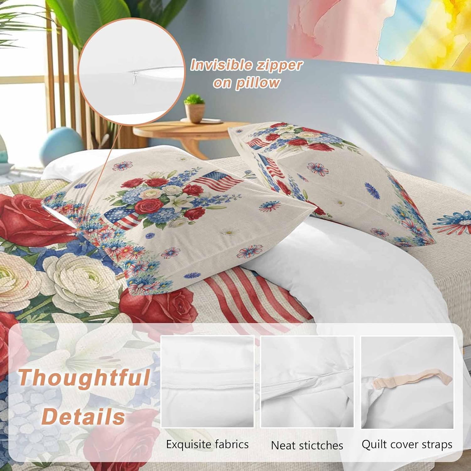 Independence Day Duvet Cover Set Queen Size 4 Pieces Red Blue USA Flag Penang Flower Stars Linen Texture Bedding Set with Zipper Closure, 1 Comforter Cover 90x92 Inches 1 Flat Sheet & 2 Pillow Cases