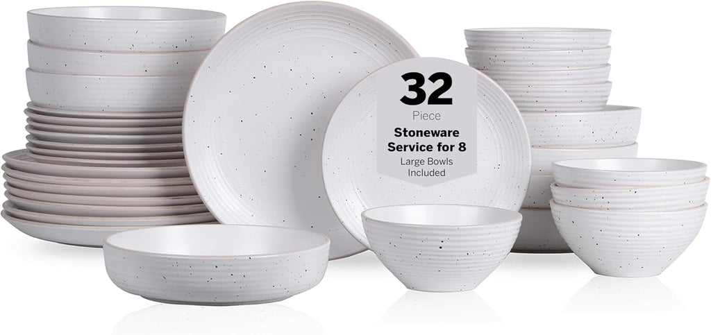 Stone Lain Lauren Modern Stoneware 32-piece Round Dinnerware Set, Plates and Bowls Set, Dish set for 8, Off White