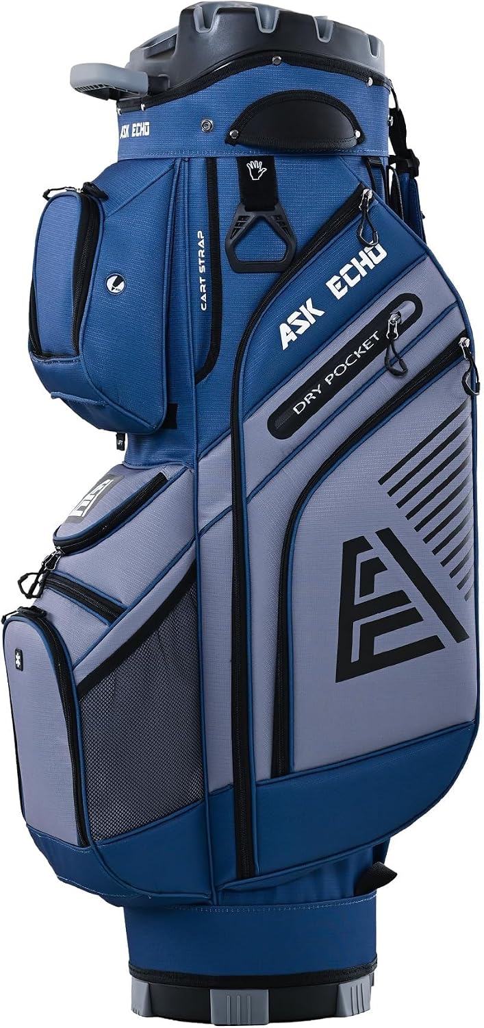 ASK ECHO T-Lock Golf Cart Bag with 14 Way Organizer Divider Top, Premium Cart Bag with Handles and Rain Cover, for Men