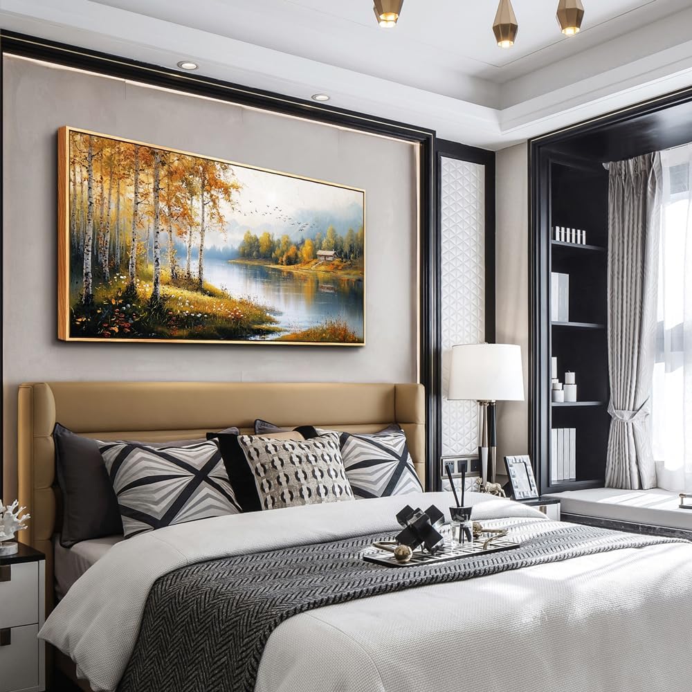ERQINHUA Large Canvas Wood Framed Wall Art Living Room Wall Decor For Bedroom Forest Landscape Painting Lakeside Watercolour Wall Pictures Artwork Picture Office Farmhouse Home Decorations 24x48 In