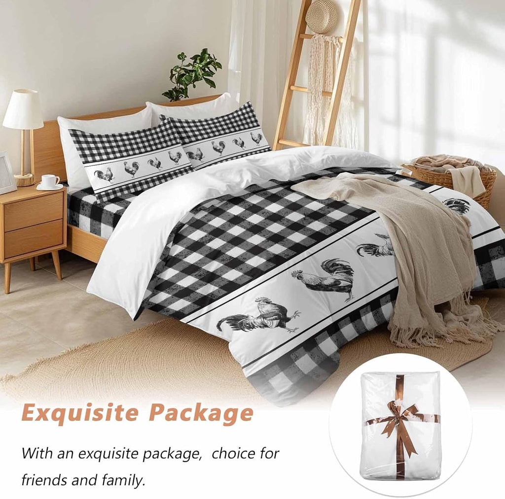 Prime Leader Vintage Black Plaid Duvet Cover Set Queen Size 4 Pieces Farm Cock Chicken Animal Watercolor Bedding Set with Zipper Closure, 1 Comforter Cover 90x92 Inches 1 Flat Sheet & 2 Pillow Cases