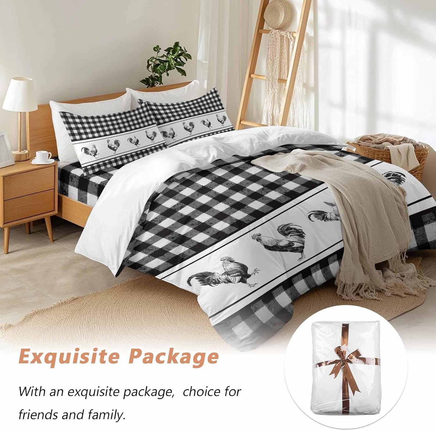 Prime Leader Vintage Black Plaid Duvet Cover Set Queen Size 4 Pieces Farm Cock Chicken Animal Watercolor Bedding Set with Zipper Closure, 1 Comforter Cover 90x92 Inches 1 Flat Sheet & 2 Pillow Cases