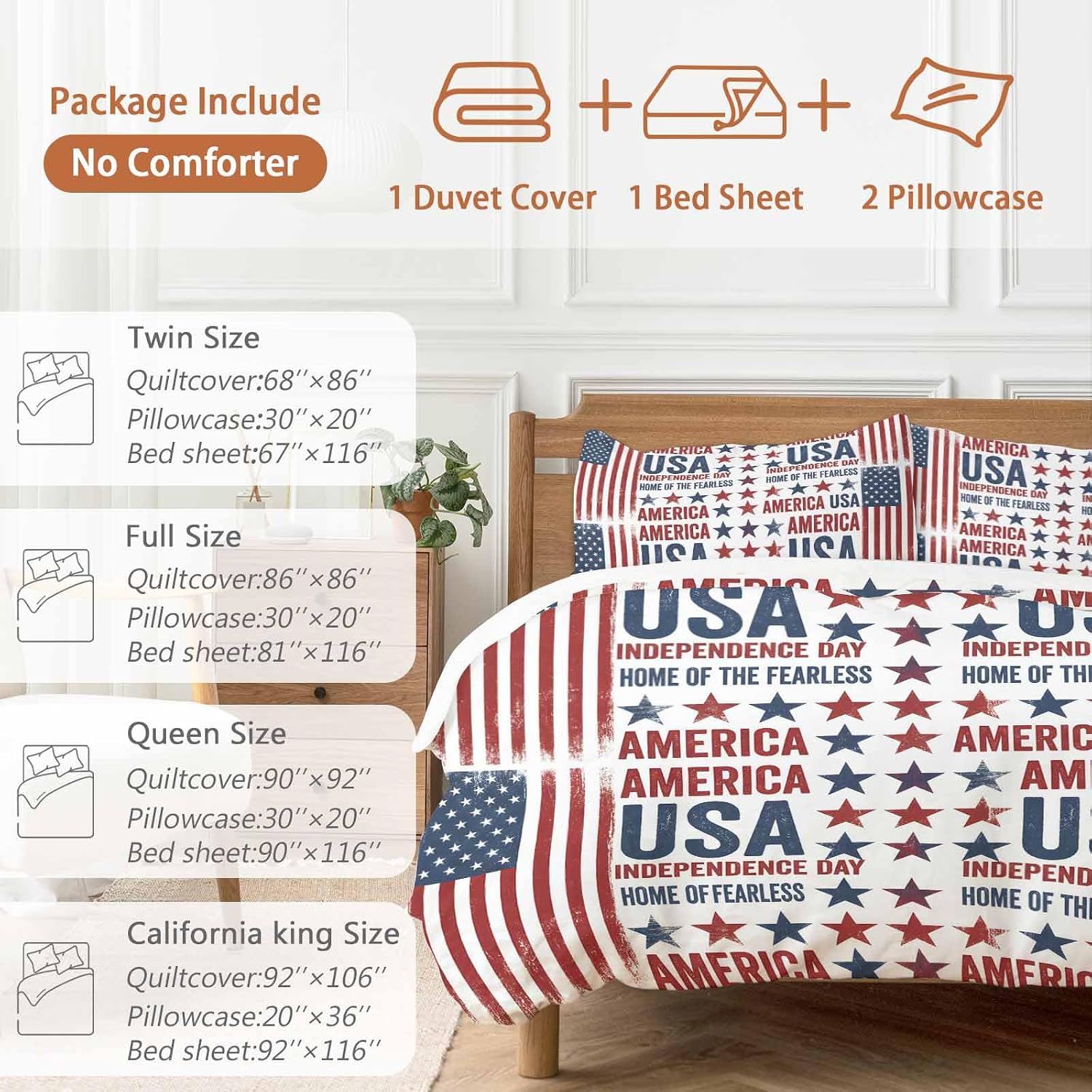Independence Day Duvet Cover Set Queen Size 4 Pieces Retro American USA Flag Red Stripes Abstract Bedding Set with Zipper Closure, 1 Comforter Cover 86x86 Inches 1 Flat Sheet & 2 Pillow Cases