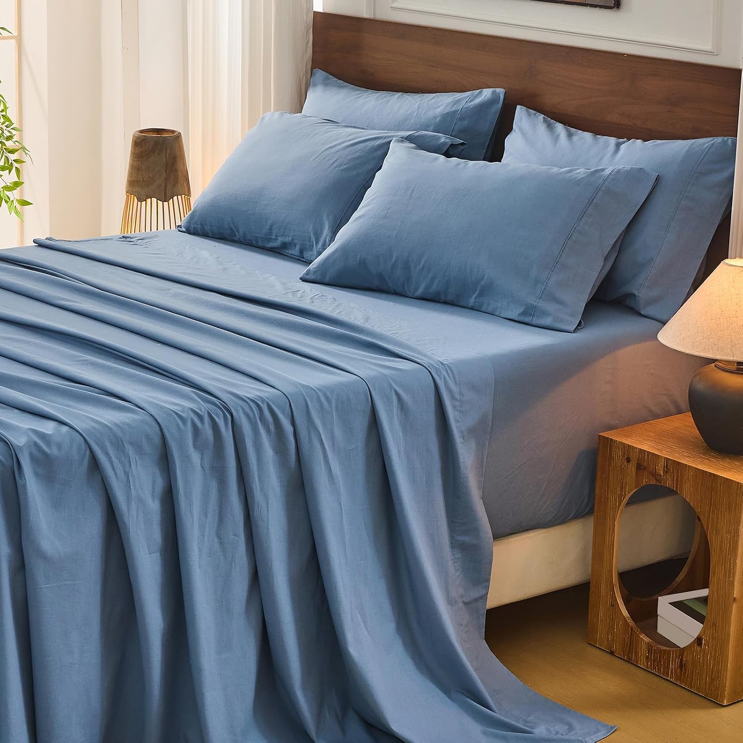 Bedlifes 100% French Flax Linen Sheets Set Queen Size - 6 Piece Extra Deep Pocket 18-24',Soft Breathable Queen Bed Sheets with Temperature Regulating & Moisture-Wicking(Flint Blue