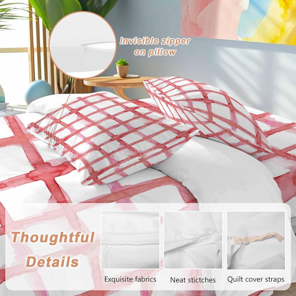 Retro Red Checkered Duvet Cover Set Queen Size 4 Pieces Watercolor Lines Geometric Minimalist Bedding Set with Zipper Closure, 1 Comforter Cover 92x106 Inches 1 Flat Sheet & 2 Pillow Cases