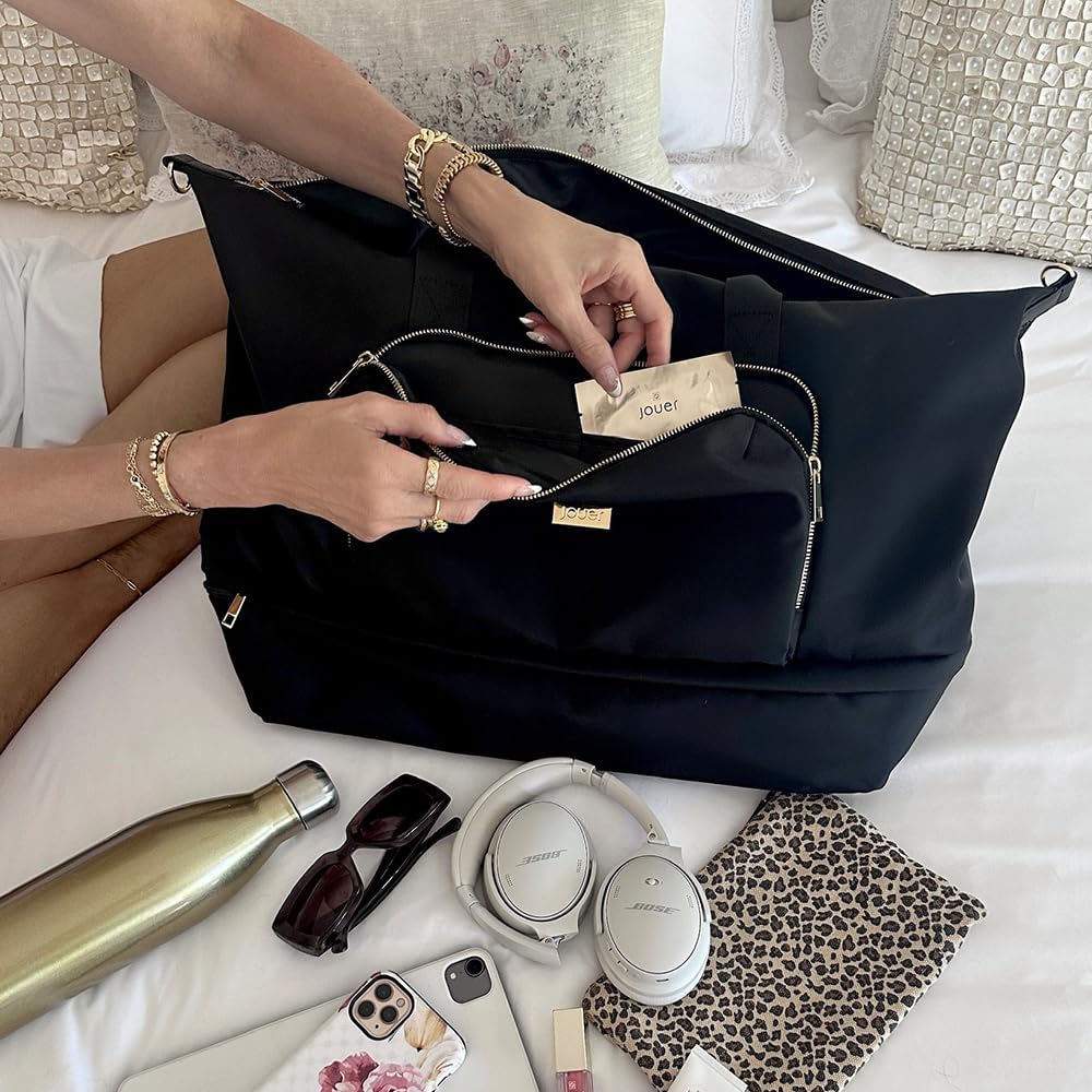Jouer Le Weekender Travel Bag, Overnight Bag for Women, Large Travel Duffle Bag, Personal Item Carry On Tote Bag, Shoulder Bag Luggage, 9'x26'x16' - Black