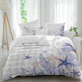 Purple Ocean Duvet Cover Set Queen Size 4 Pieces Enjoy A Moment of Peace Beach Starfish Shell Gray Plaid Bedding Set with Zipper Closure, 1 Comforter Cover 90x92 Inches 1 Flat Sheet & 2 Pillow Cases