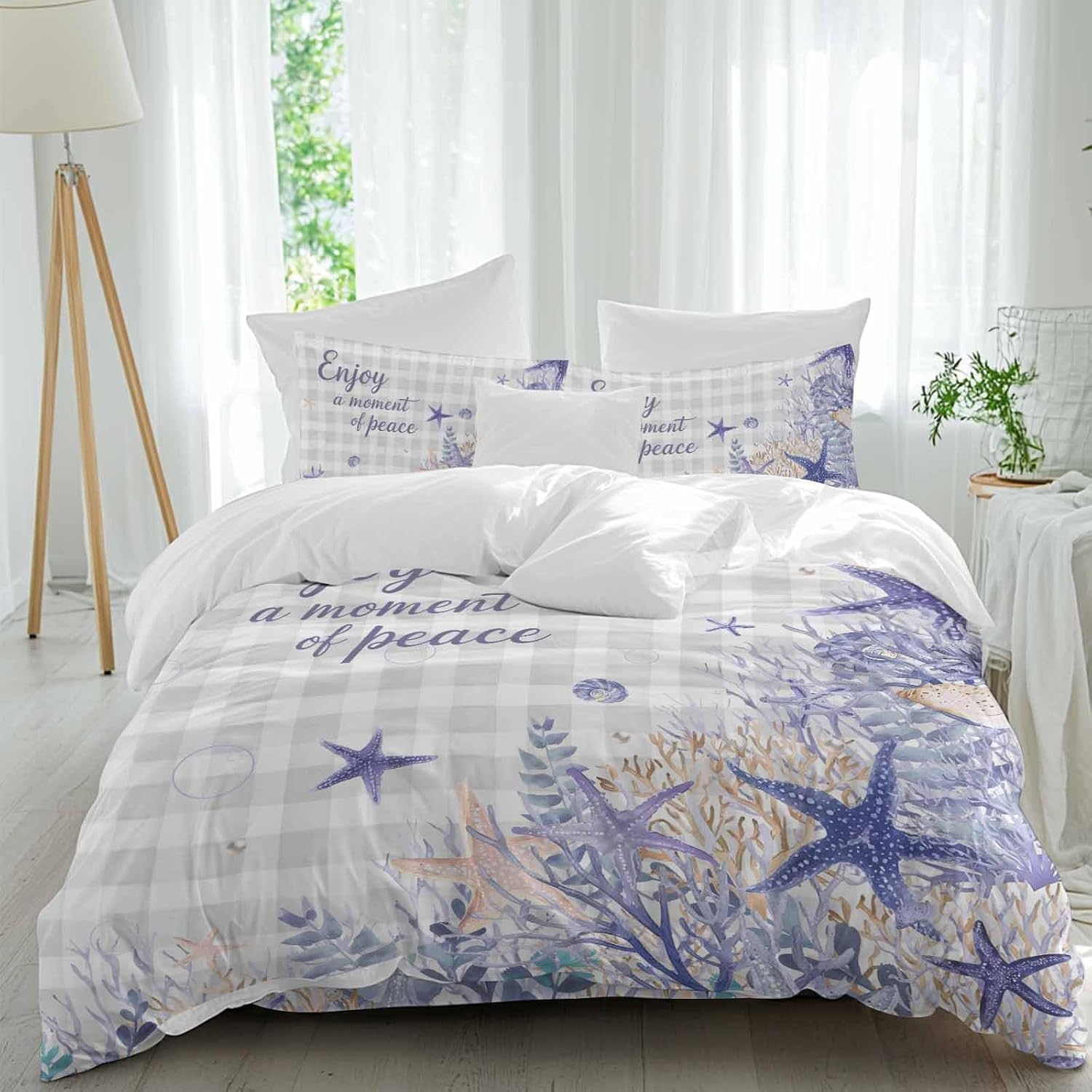 Purple Ocean Duvet Cover Set Queen Size 4 Pieces Enjoy A Moment of Peace Beach Starfish Shell Gray Plaid Bedding Set with Zipper Closure, 1 Comforter Cover 90x92 Inches 1 Flat Sheet & 2 Pillow Cases