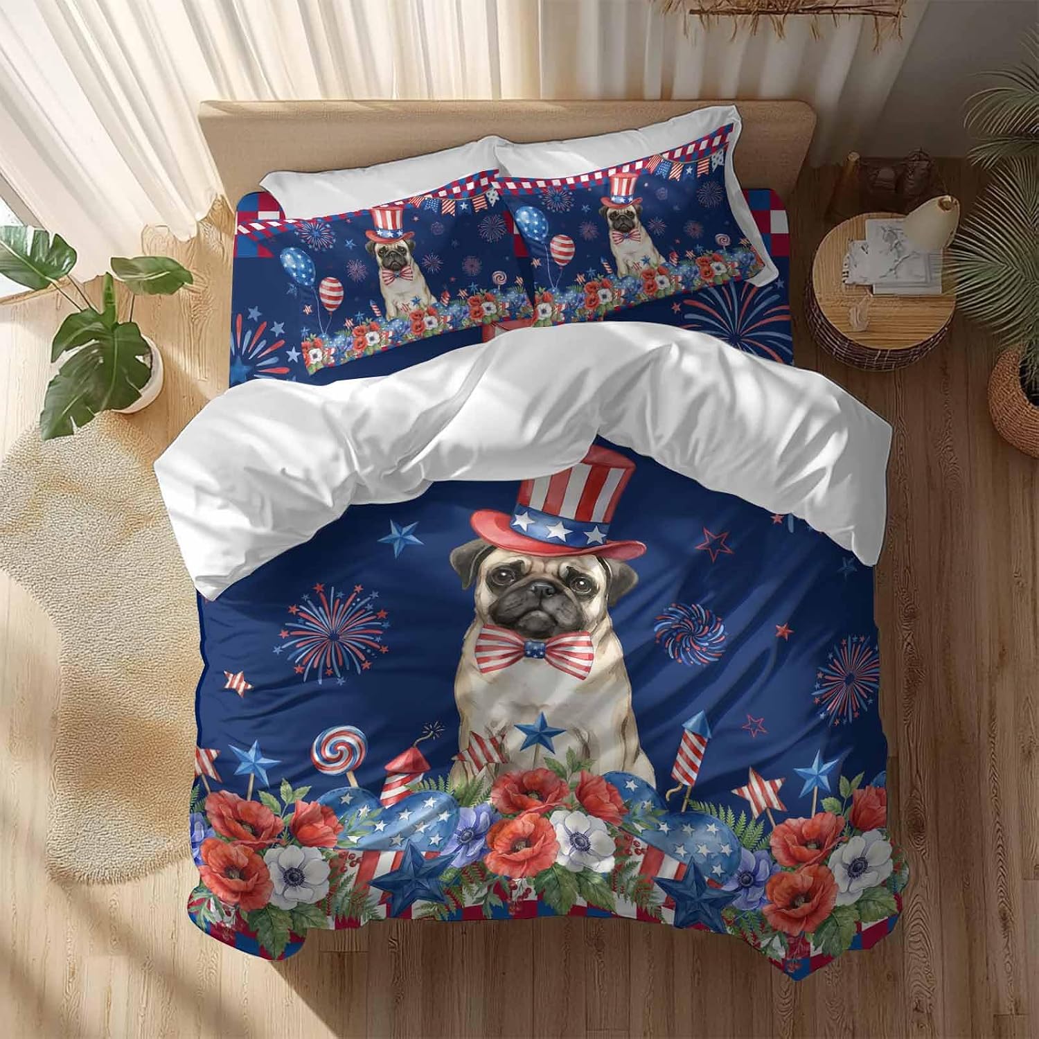 Independence Day Duvet Cover Set Queen Size 4 Pieces Cartoon Pug Dog Cute Puppy Colorful Poppy Bedding Set with Zipper Closure, 1 Comforter Cover 86x86 Inches 1 Flat Sheet & 2 Pillow Cases