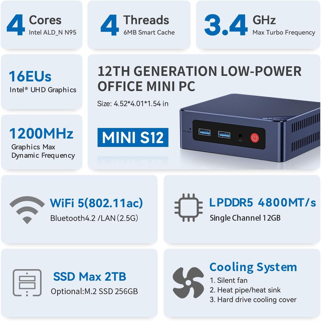 Beelink MINI S12 Mini PC Intel 12th Lake N95(3.4GHz 4C/4T), 12GB LPDDR5 480GB SSD, Dual HDMI 4K Displays, Mini Computers Support WIFI5/BT4.2/Home/Office/Openwrt/2.5Gbps/W11 Home