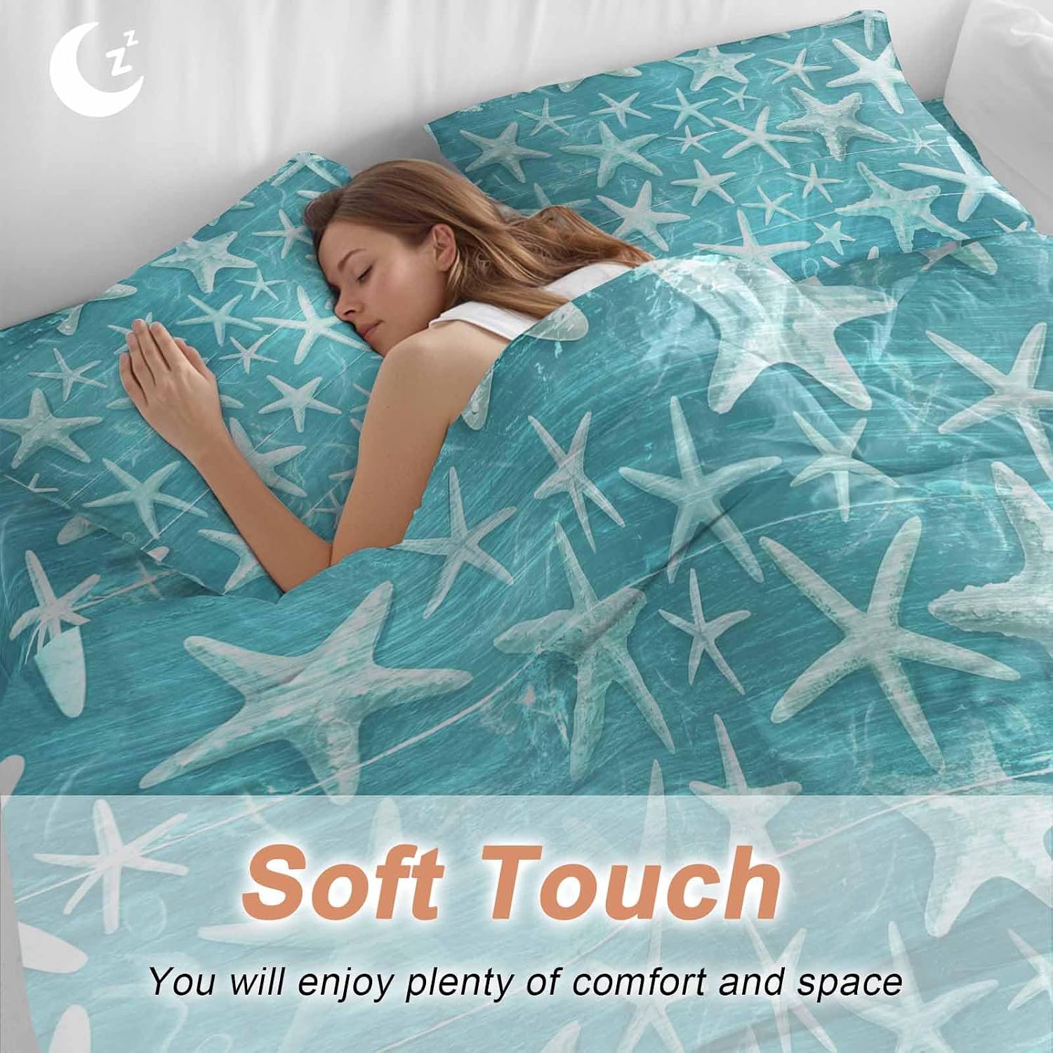 Summer Duvet Cover Set Queen Size 4 Pieces Coastal Watercolor Teal White Sea Starfish Wood Grain Bedding Set with Zipper Closure, 1 Comforter Cover 92x106 Inches 1 Flat Sheet & 2 Pillow Cases