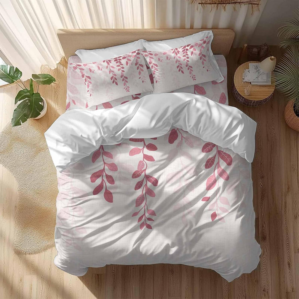 Prime Leader Plants Gradient Duvet Cover Set Queen Size 4 Pieces Pink Leaves Farmhouse Style Bedding Set with Zipper Closure, 1 Comforter Cover 92x106 Inches 1 Flat Sheet & 2 Pillow Cases