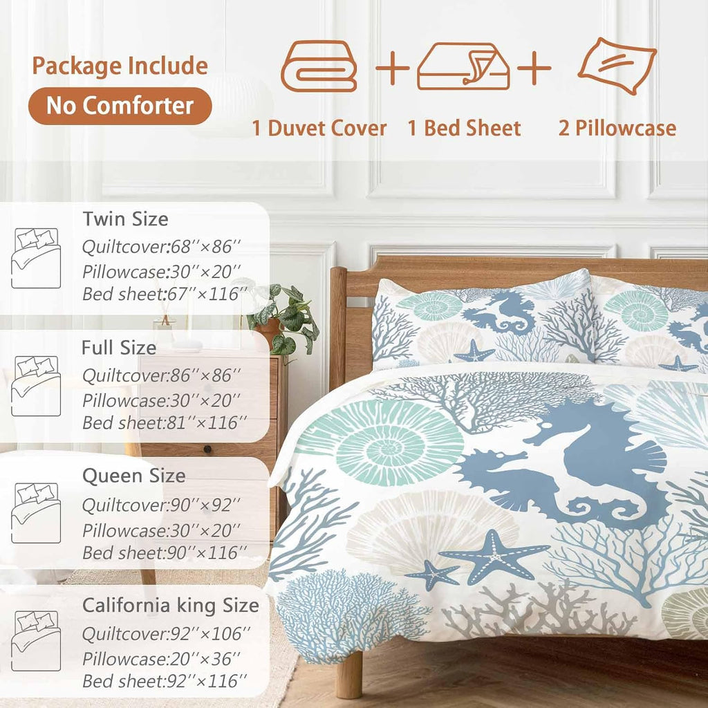 Blue Ocean Seahorse Duvet Cover Set Queen Size 4 Pieces Nautical Sea Watercolor Teal Shells Coral Starfish Bedding Set with Zipper Closure,1 Comforter Cover 92x106 Inches 1 Flat Sheet & 2 Pillow Cases