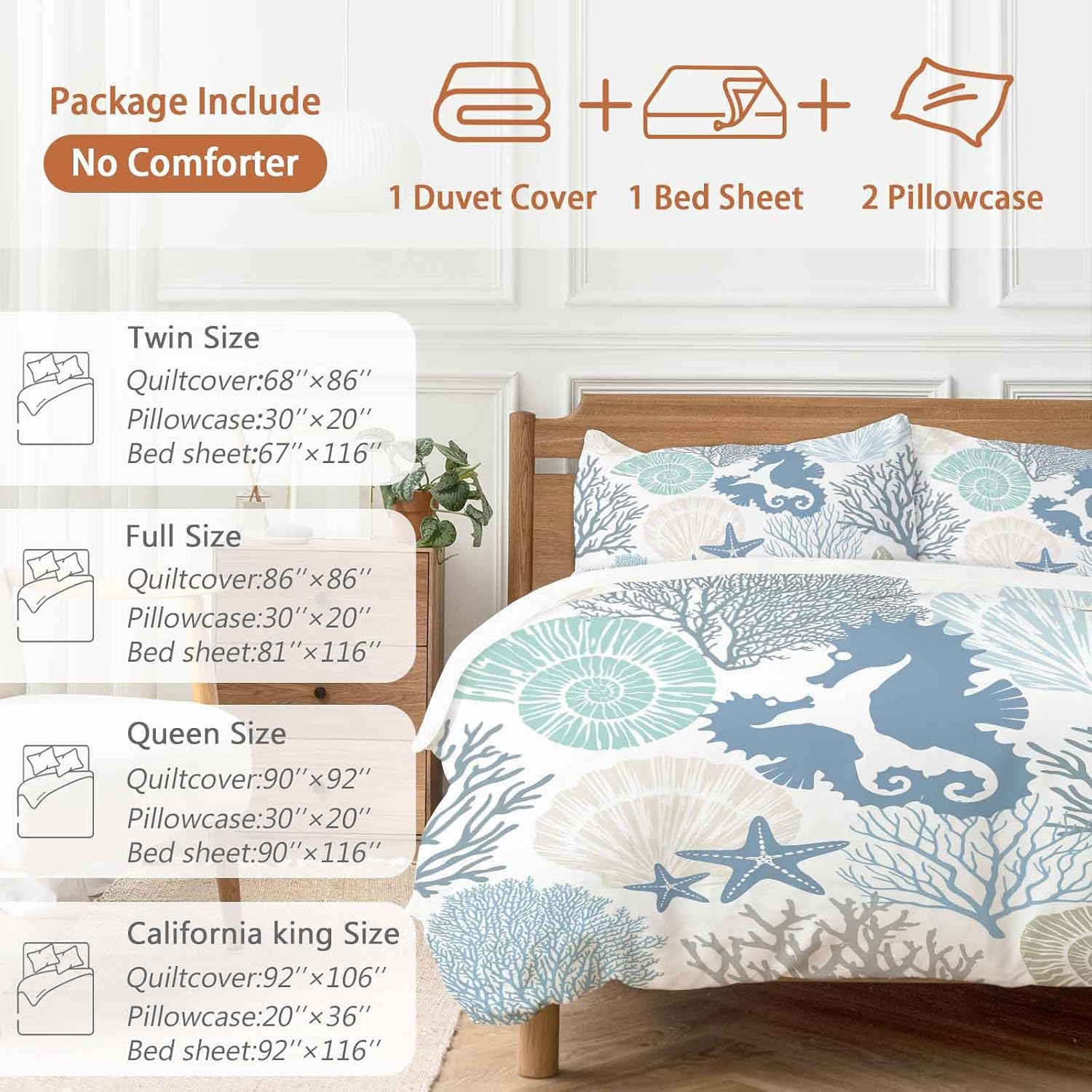 Blue Ocean Seahorse Duvet Cover Set Queen Size 4 Pieces Nautical Sea Watercolor Teal Shells Coral Starfish Bedding Set with Zipper Closure,1 Comforter Cover 92x106 Inches 1 Flat Sheet & 2 Pillow Cases