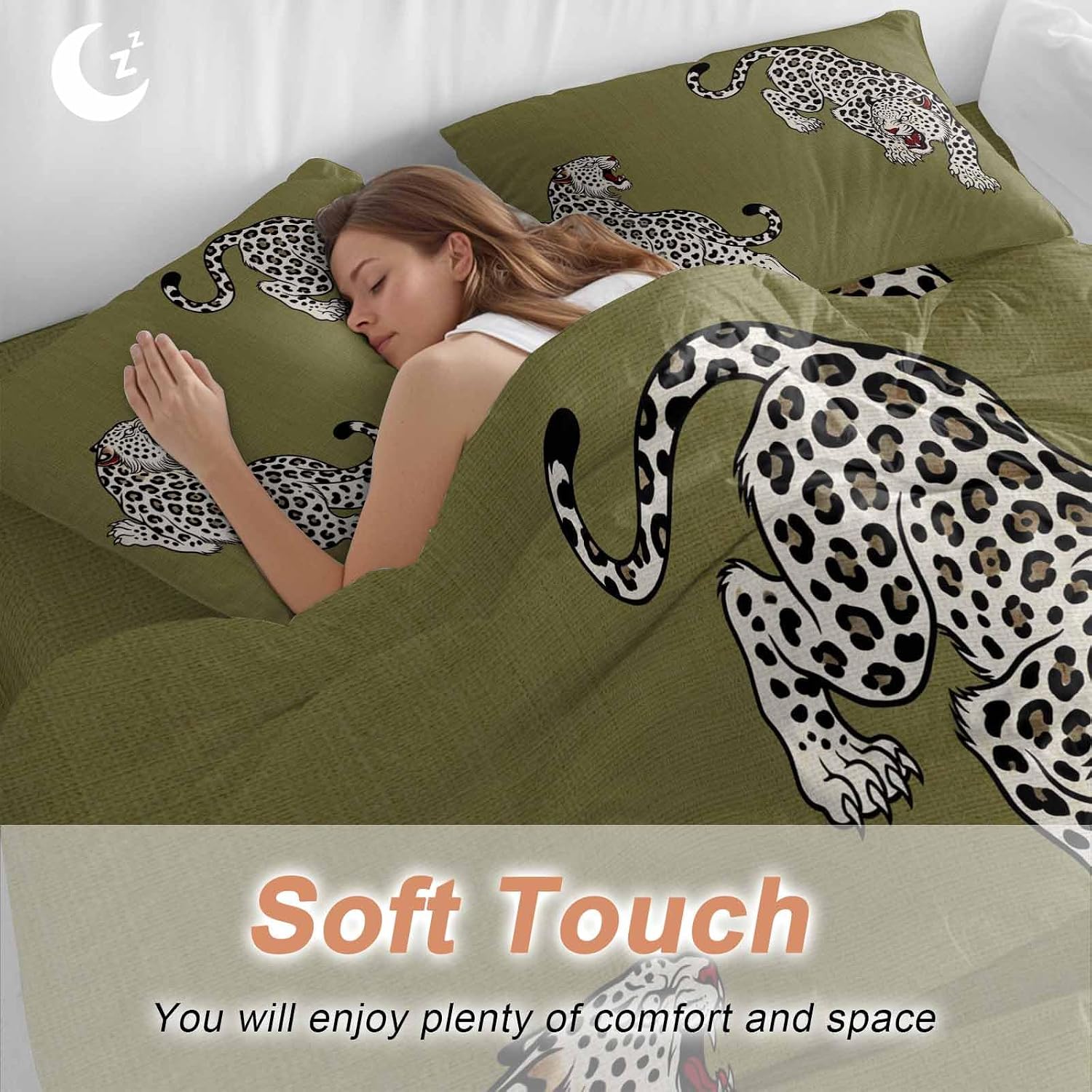 Green Leopard Duvet Cover Set Queen Size 4 Pieces Modern Style Wild Animal Rustic Linen Texture Bedding Set with Zipper Closure, 1 Comforter Cover 90x92 Inches 1 Flat Sheet & 2 Pillow Cases