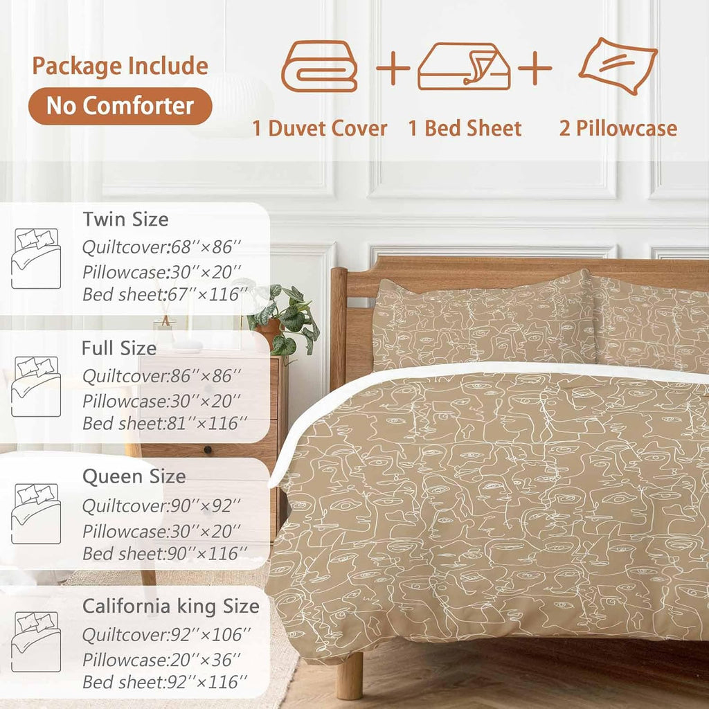Brown Modern Art Duvet Cover Set Queen Size 4 Pieces White Abstract Line Human Face Minimalist Bedding Set with Zipper Closure, 1 Comforter Cover 86x86 Inches 1 Flat Sheet & 2 Pillow Cases