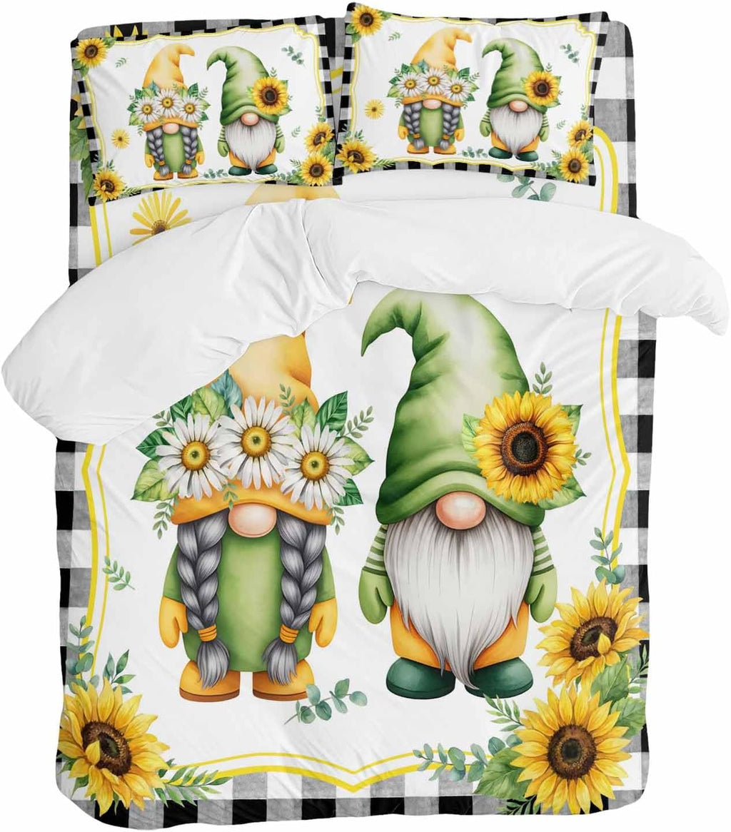 Prime Leader Summer Dwarfs Duvet Cover Set Queen Size 4 Pieces Yellow Sunflower Daisy Black Plaid Field Bedding Set with Zipper Closure, 1 Comforter Cover 90x92 Inches 1 Flat Sheet & 2 Pillow Cases
