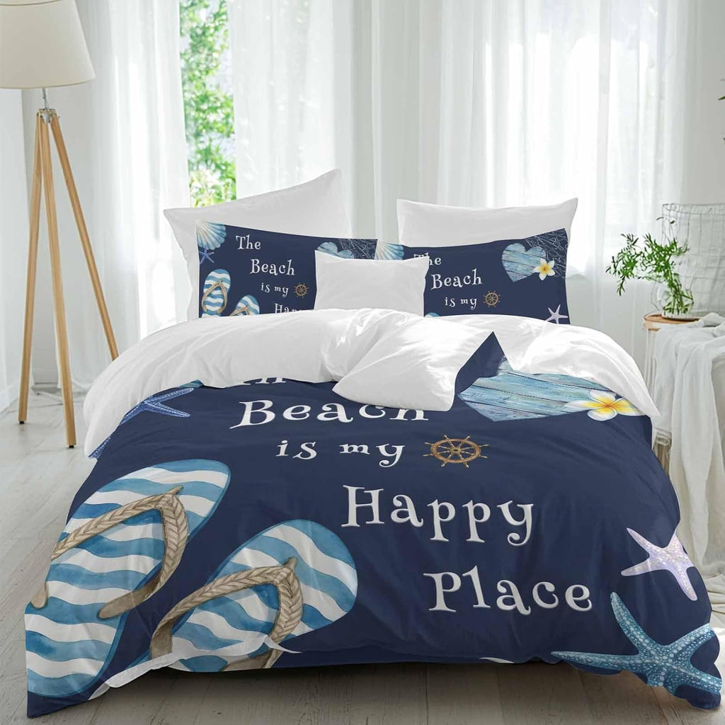 The Beach Is My Happy Place Duvet Cover Set Queen Size 4 Pieces Summer Ocean Blue Slippers Starfish Shell Bedding Set with Zipper Closure, 1 Comforter Cover 86x86 Inches 1 Flat Sheet & 2 Pillow Cases