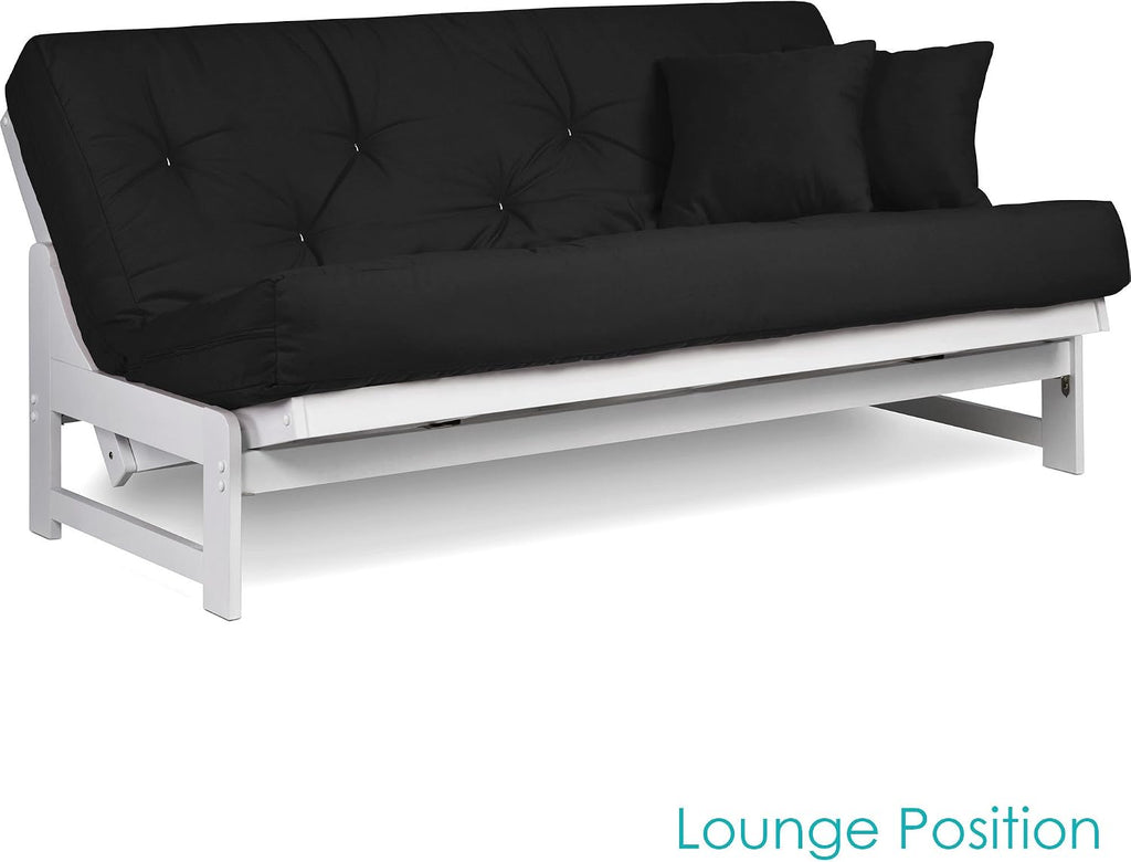 Nirvana Futons Arden White Futon Set Full or Queen Size - Armless Wood Futon Frame with Mattress Included (Twill Black), Space Saving Modern Sofa Bed Sleeper
