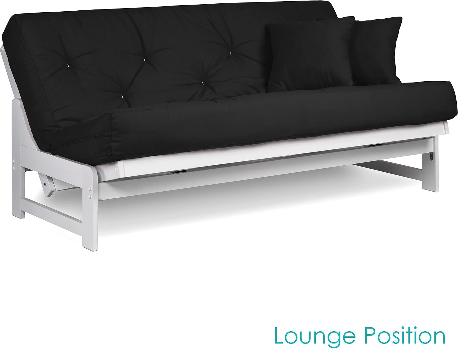 Nirvana Futons Arden White Futon Set Full or Queen Size - Armless Wood Futon Frame with Mattress Included (Twill Black), Space Saving Modern Sofa Bed Sleeper