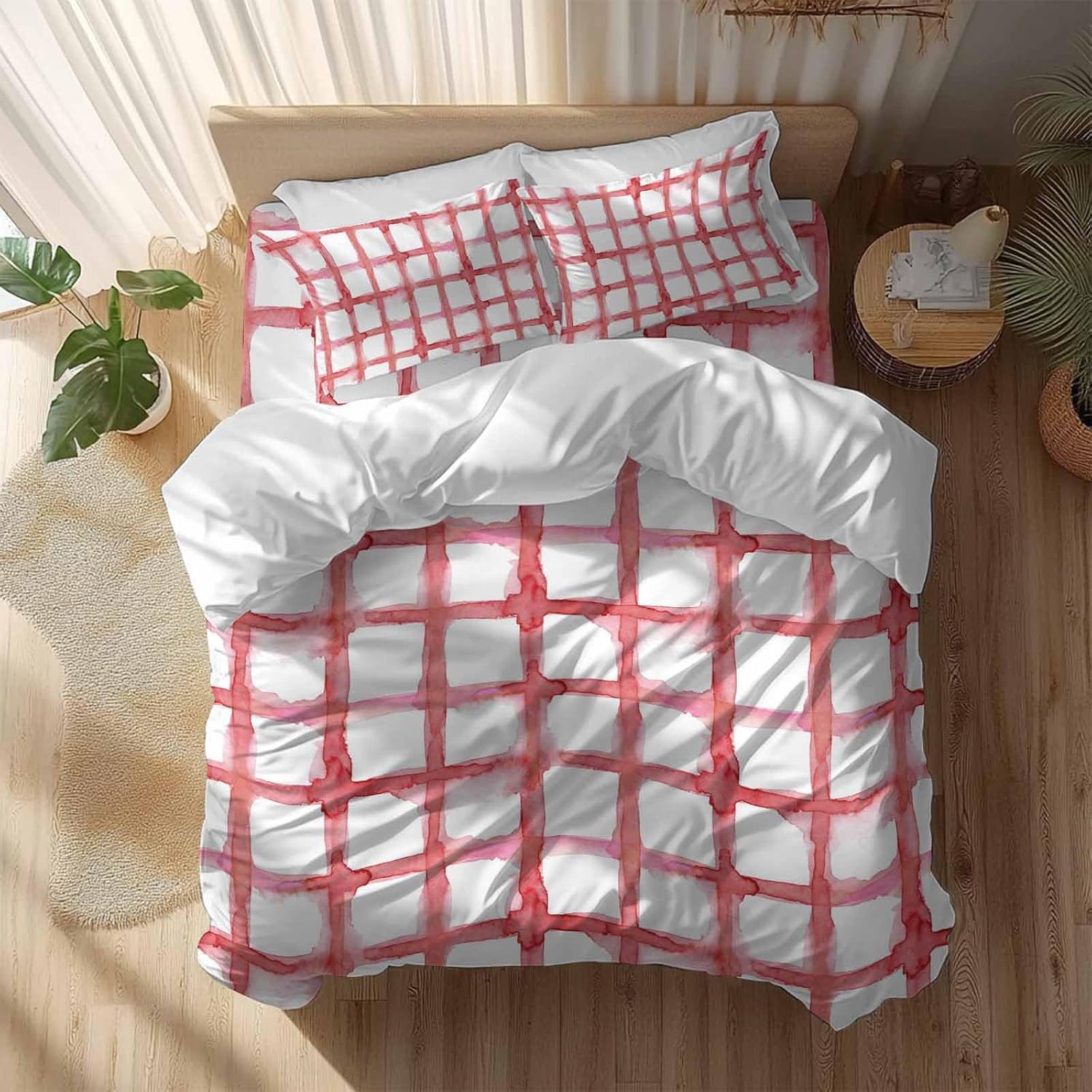 Retro Red Checkered Duvet Cover Set Queen Size 4 Pieces Watercolor Lines Geometric Minimalist Bedding Set with Zipper Closure, 1 Comforter Cover 92x106 Inches 1 Flat Sheet & 2 Pillow Cases