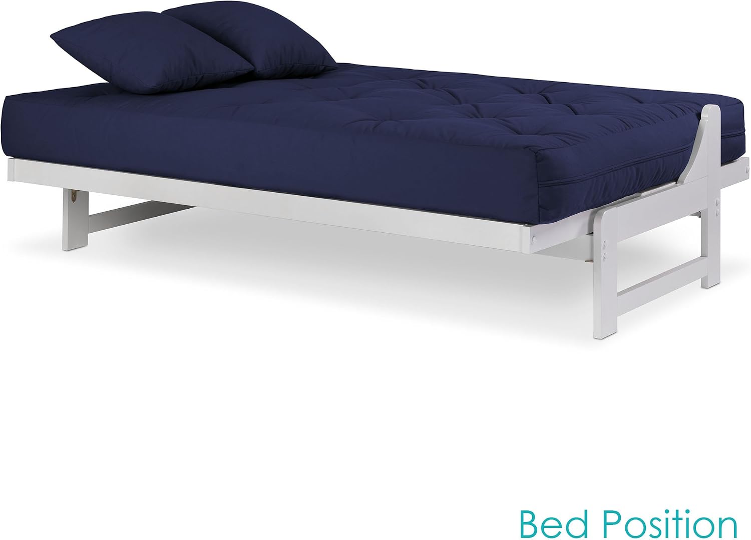Nirvana Futons Arden White Futon Set Full or Queen Size - Armless Wood Futon Frame with Mattress Included (Twill Navy Blue), More Mattress Colors Available, Space Saving Modern Sofa Bed Sleeper
