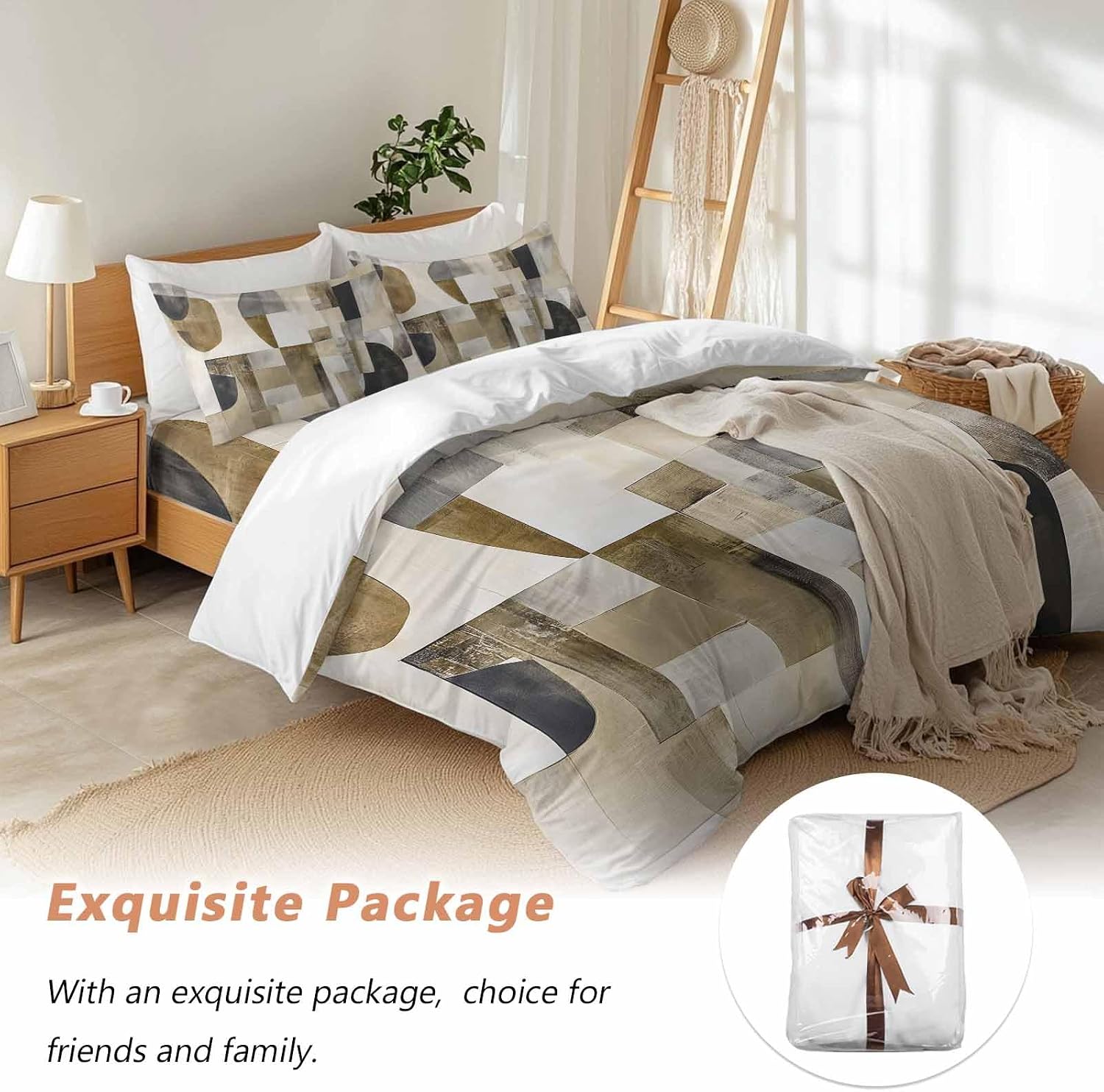 Prime Leader Abstract Duvet Cover Set Queen Size 4 Pieces Brown Black Color Block Geometric Contemporary Bedding Set with Zipper Closure, 1 Comforter Cover 90x92 Inches 1 Flat Sheet & 2 Pillow Cases