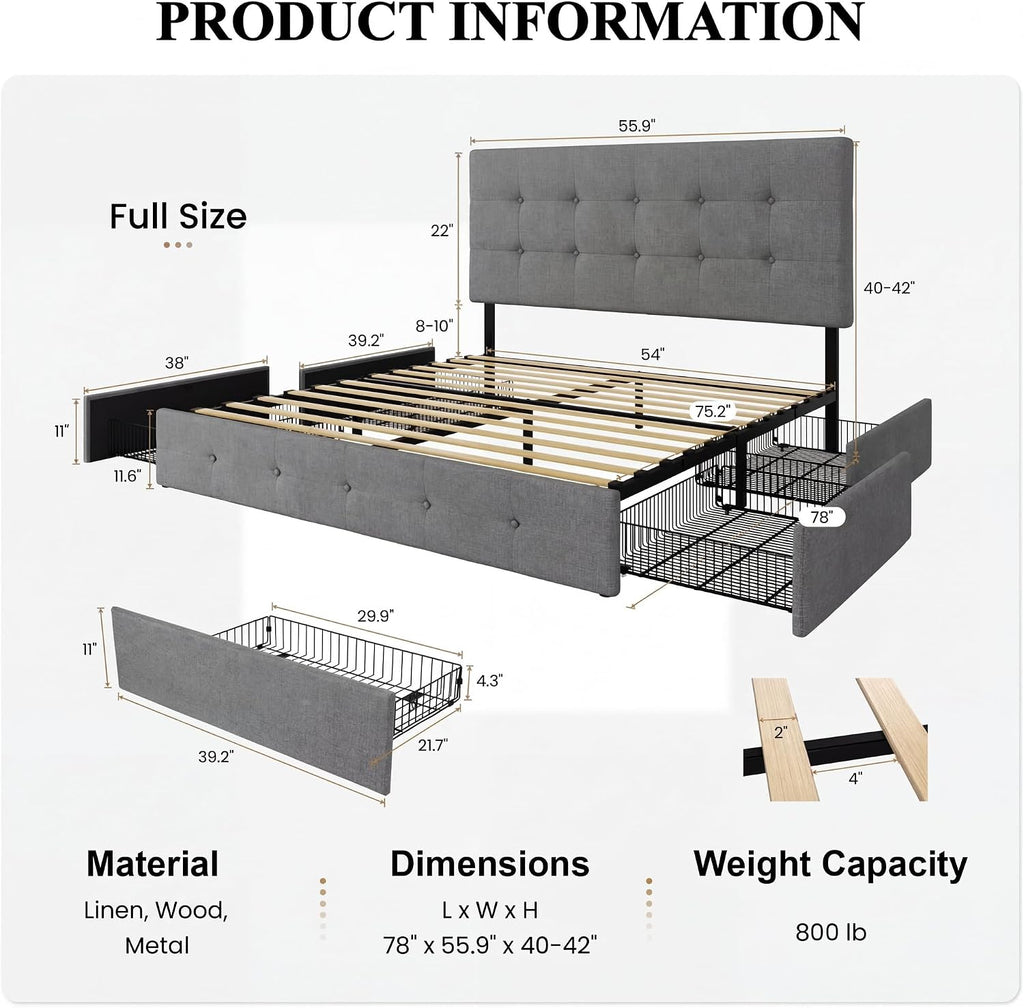 SHA CERLIN Upholstered Full Size Platform Bed Frame with 4 Storage Drawers, Adjustable Headboard with Square Stitched Button Tufted Design, Wooden Slat Support, No Box Spring Needed, Light Grey