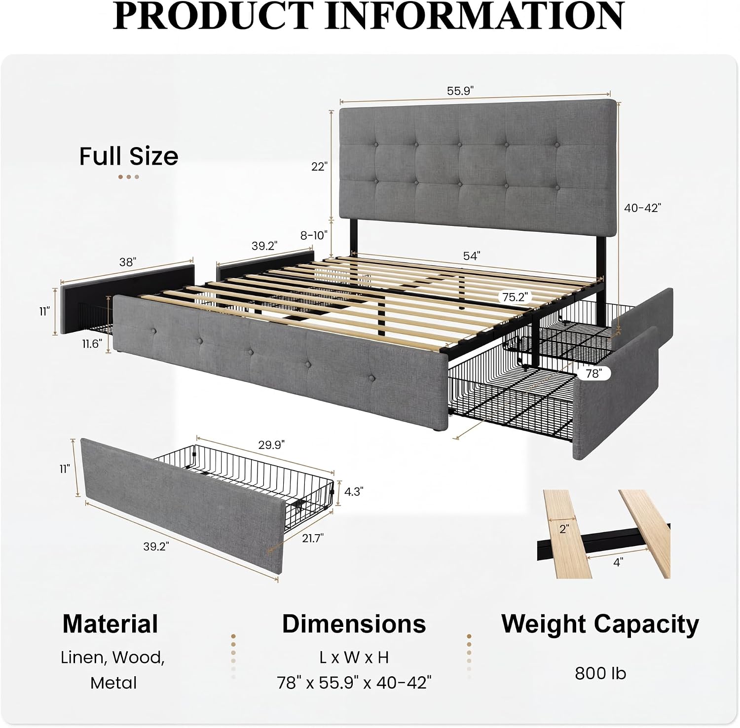 SHA CERLIN Upholstered Full Size Platform Bed Frame with 4 Storage Drawers, Adjustable Headboard with Square Stitched Button Tufted Design, Wooden Slat Support, No Box Spring Needed, Light Grey