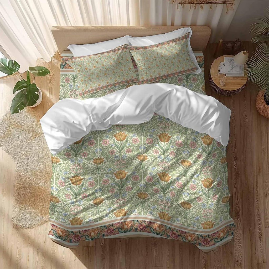 Prime Leader Flowers Duvet Cover Set Queen Size 4 Pieces Ethnic Abstract Yellow Pink Floral Green Leaf Bedding Set with Zipper Closure, 1 Comforter Cover 90x92 Inches 1 Flat Sheet & 2 Pillow Cases
