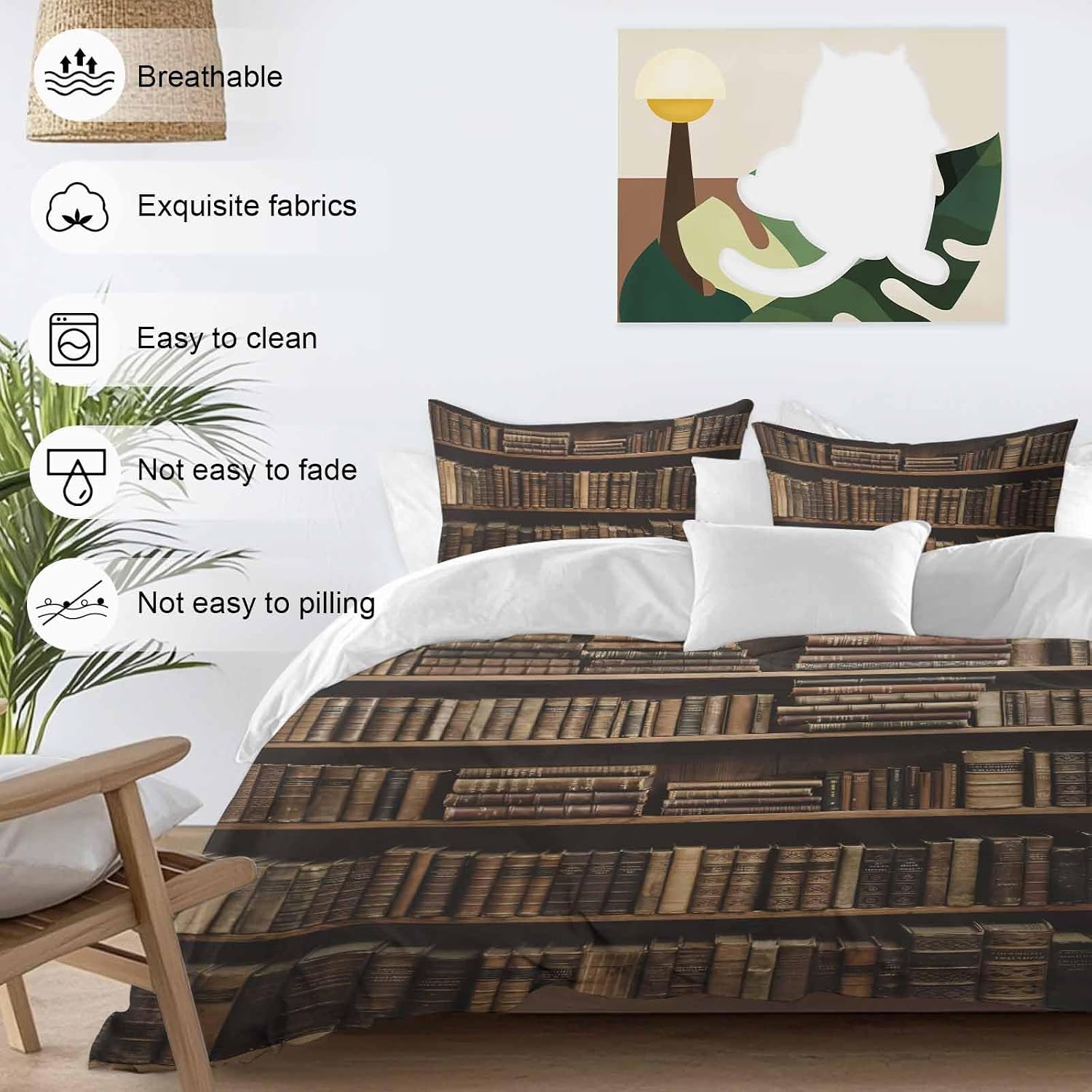 Prime Leader Vintage Bookshelf Duvet Cover Set Queen Size 4 Pieces Library Book Retro Bedding Set with Zipper Closure, 1 Comforter Cover 90x92 Inches 1 Flat Sheet & 2 Pillow Cases
