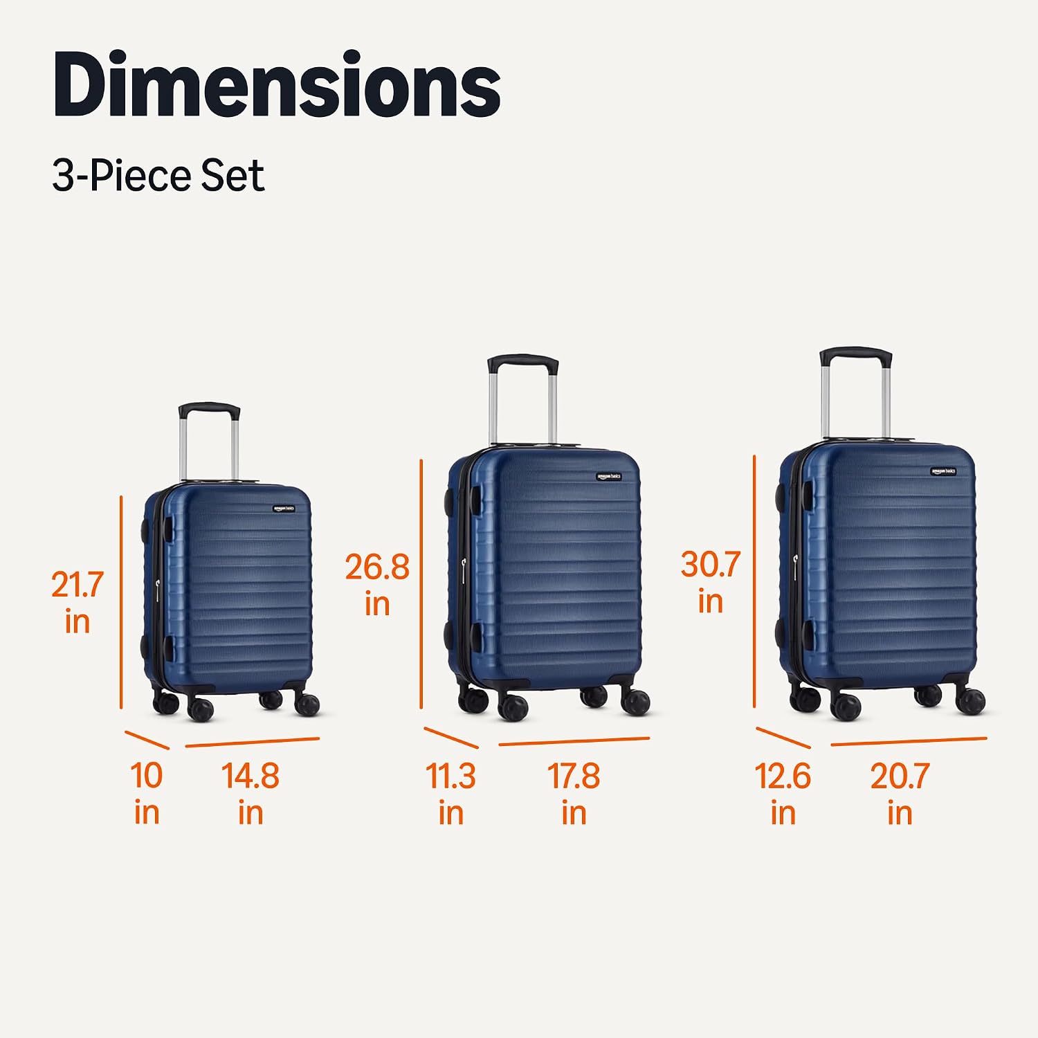 Amazon Basics 3-Piece Hardside Expandable Luggage Set (21' Carry-On, 26', 30'), Spinner Suitcases with Multi-directional Wheels, Scratch-Resistant Surface, Navy Blue
