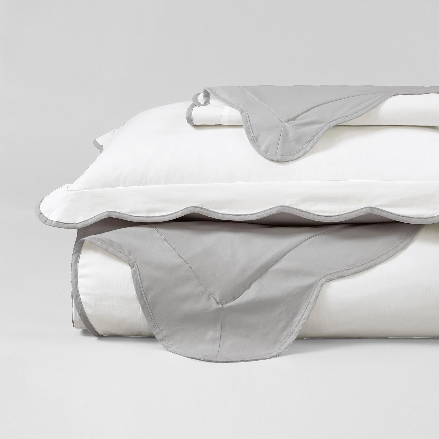 Lush Decor Coastal Chic Scalloped Edge Cotton Duvet Cover Set, 3 Piece Set, Full/Queen, Gray & White - Queen Bedding Set - White Duvet Cover Queen - Coastal Decor