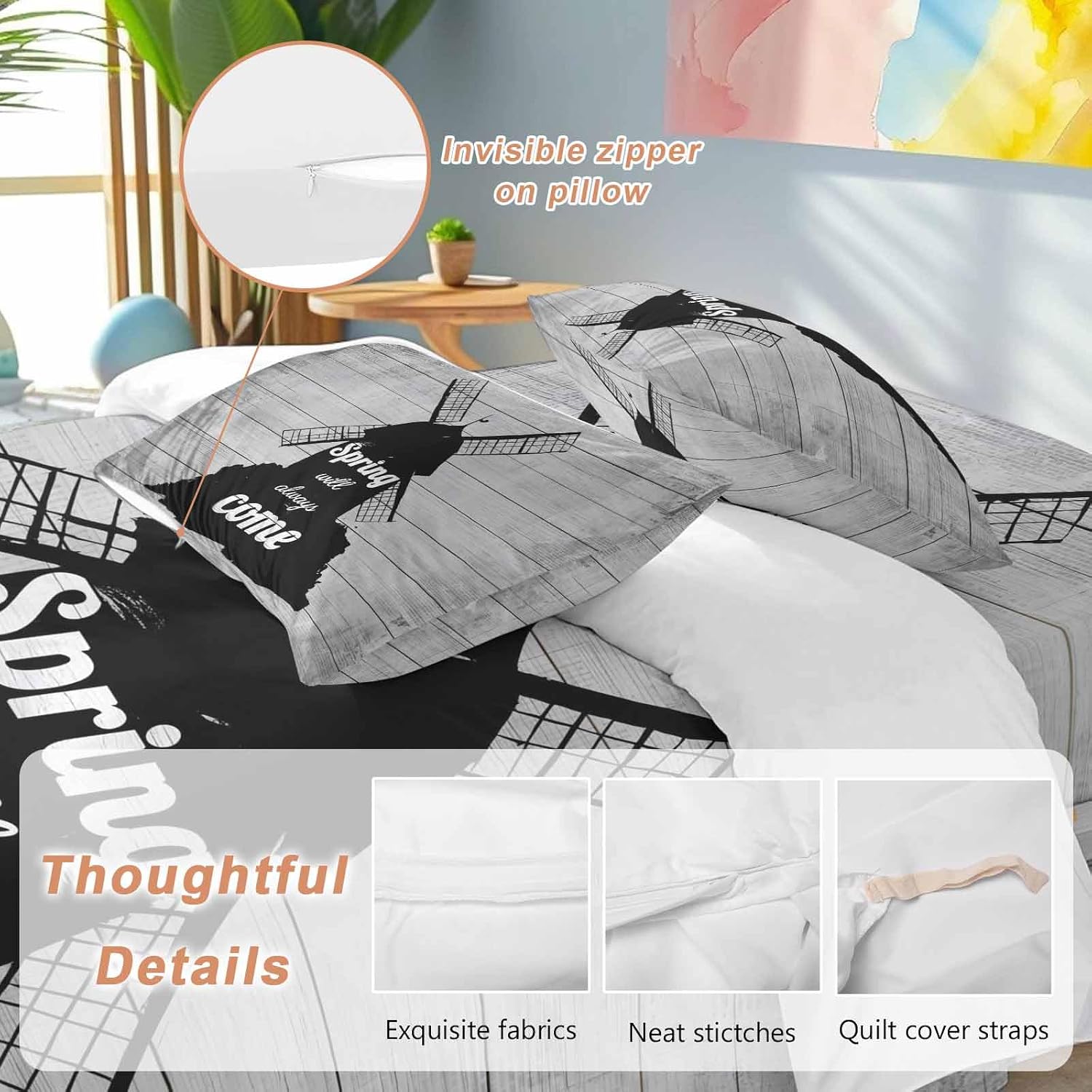 Black Windmill Duvet Cover Set Queen Size 4 Pieces Spring Will Always Come Letters Gray Wood Grain Bedding Set with Zipper Closure, 1 Comforter Cover 86x86 Inches 1 Flat Sheet & 2 Pillow Cases