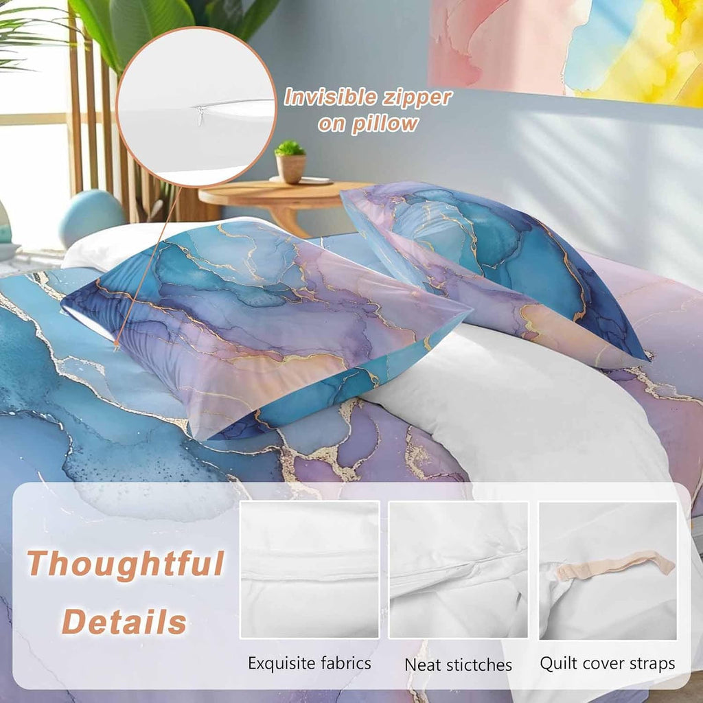 Pink Blue Marble Duvet Cover Set Queen Size 4 Pieces Abstract Marble Stone Texture Modern Style Bedding Set with Zipper Closure, 1 Comforter Cover 92x106 Inches 1 Flat Sheet & 2 Pillow Cases