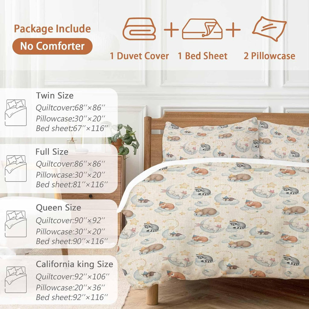 Cartoons Animals Duvet Cover Set Queen Size 4 Pieces Watercolor Fox Sleeping Raccoon Cute Rabbit Bedding Set with Zipper Closure, 1 Comforter Cover 86x86 Inches 1 Flat Sheet & 2 Pillow Cases
