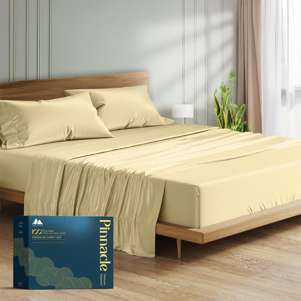 Mayfair Linen 100% Egyptian Cotton Sheets Queen Size Bed Set - Luxury High Thread Count Egyptian Cotton Queen Sheet Set (4 PC, Beige), 17' Deep Pocket, Silky Soft, Cooling, Sateen Weave Bedding