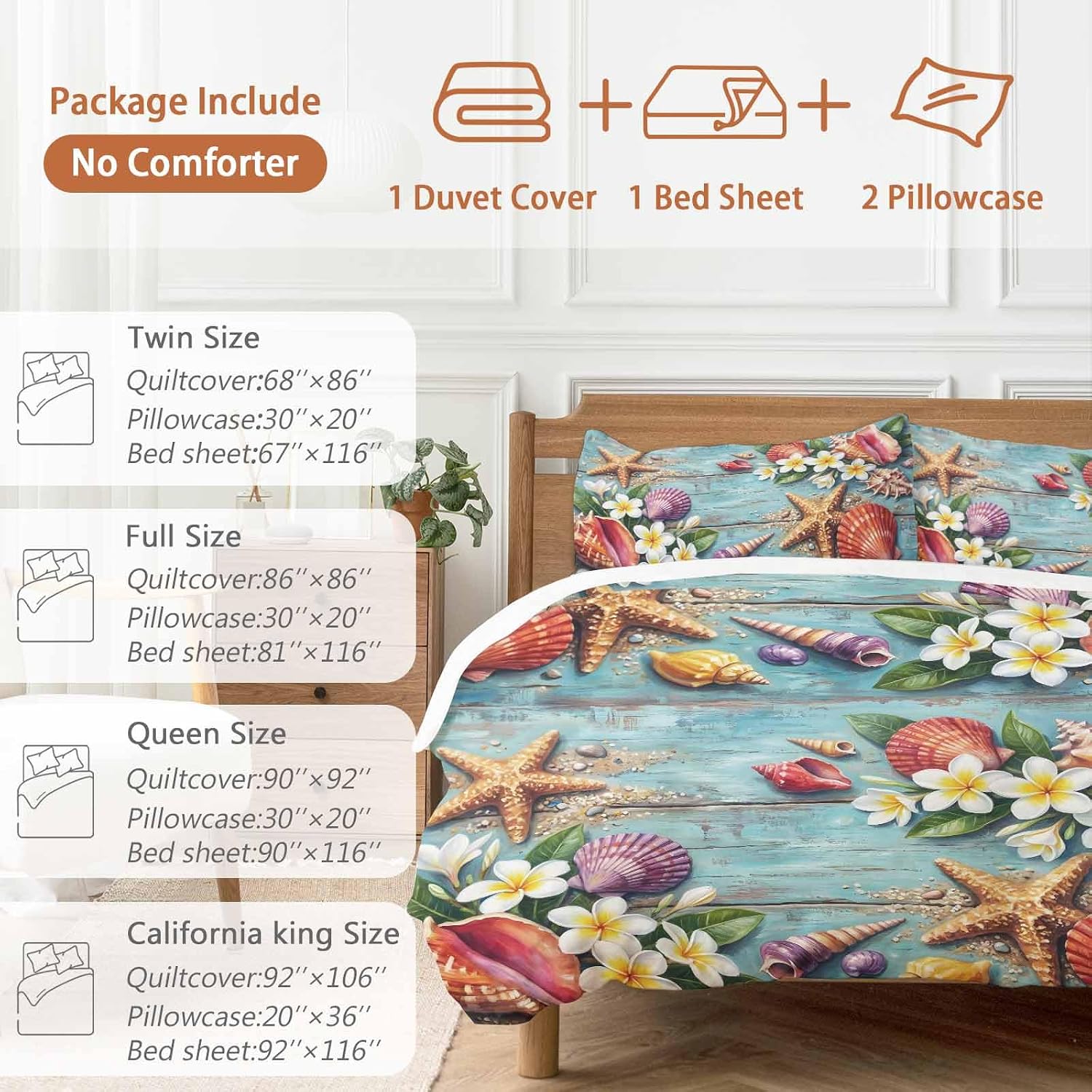 Ocean Beach Duvet Cover Set Queen Size 4 Pieces Summer Starfish Shell Flowers Leaf Blue Wooden Bedding Set with Zipper Closure, 1 Comforter Cover 86x86 Inches 1 Flat Sheet & 2 Pillow Cases